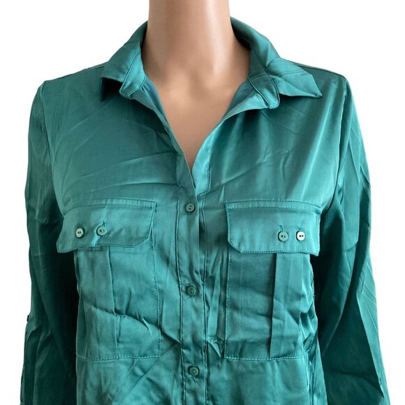 J Lux Label Shirt Button Front Women Small Green Satin - Picture 7 of 9